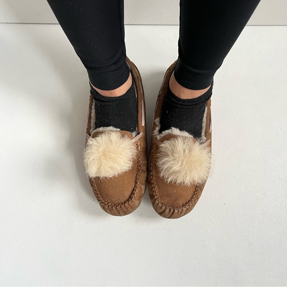 UGG Brown Slippers with Cream Pom-Poms GUC